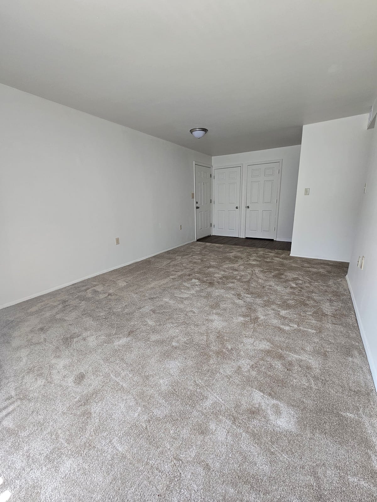 A carpeted living room at Village Green Apartments looking toward the front door and a pair of white closet doors